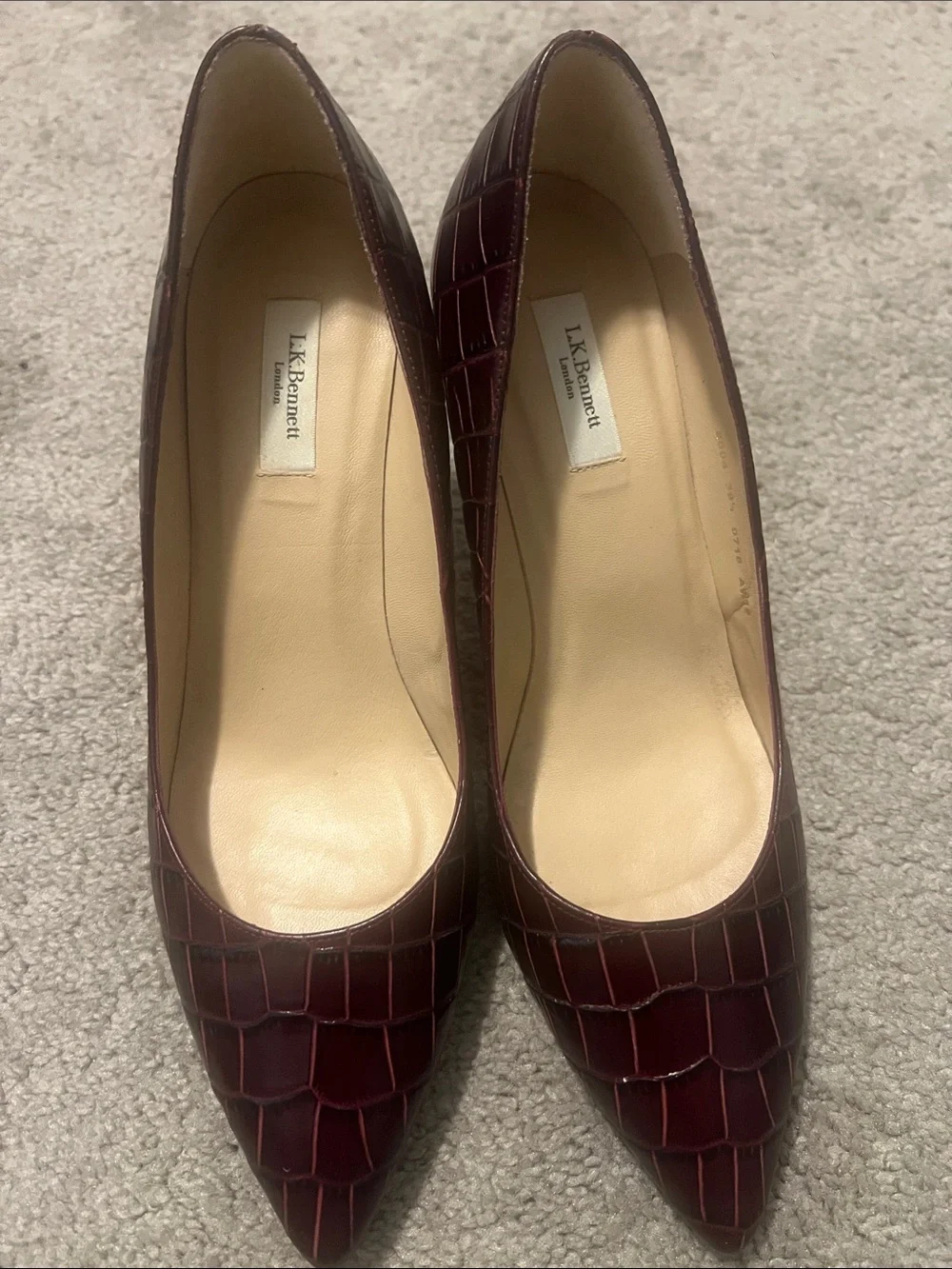 LK Bennett Croc-Embossed Pointed Pumps in Burgundy